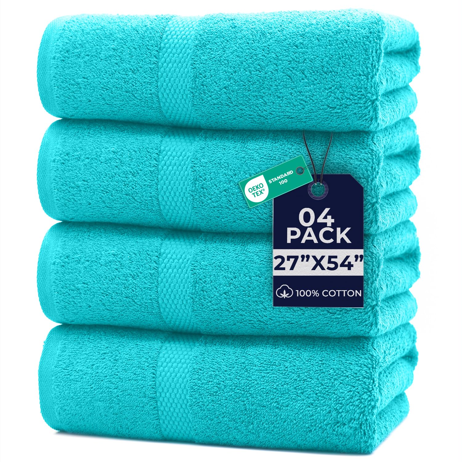 DAN RIVER Bath Towels Set of 4, 27 x 54 Inches, 100% Cotton, Larger & Lighter Weight, Quicker to Dry, Super Soft and Absorbent, Ideal Aqua Bath Towels
