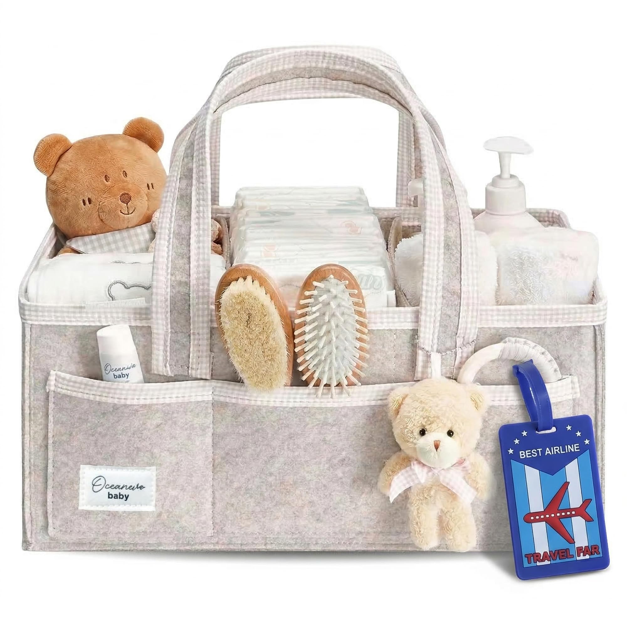 Cute Diaper Caddy Organizer Bag WITH Luggage Tag, Baby Basket Essentials for Newborn Baby Products Storage with Compartments and Handle Model 4 – Beige-image-0