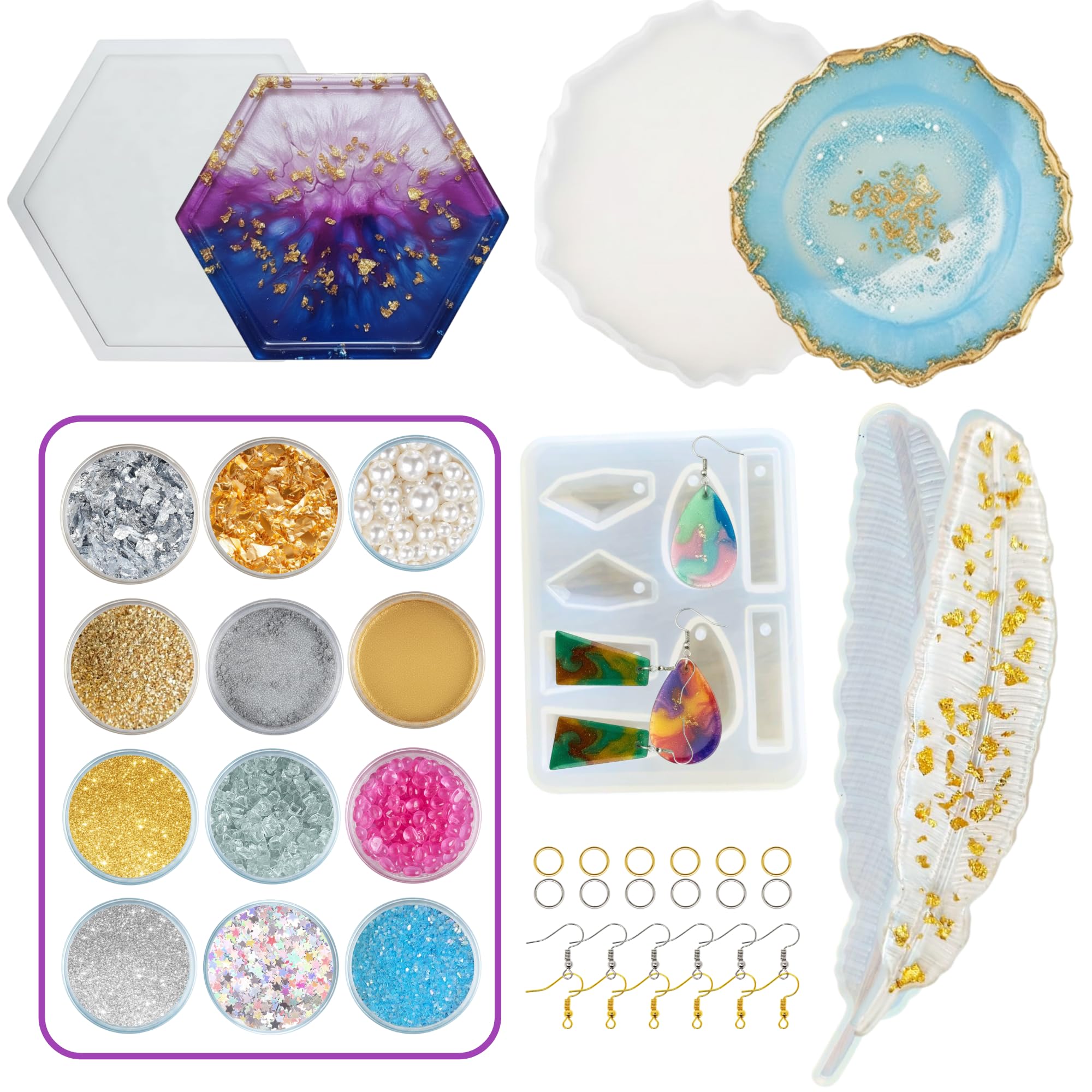 Craftables Art & Craft Kit for Resin Art with Coaster and Jewellery Silicone Moulds | Agate Hexa Coaster Feather Earring Mould | DIY Craft Material Set-image-41