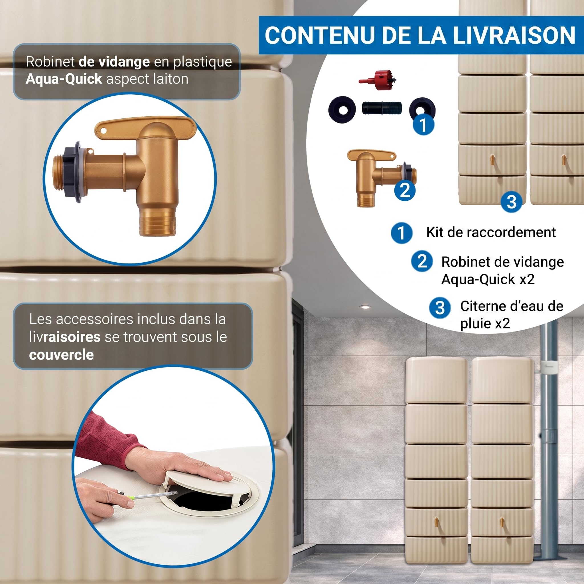 4rain Slim Kit Recuperateur d Eau de Pluie 660L Sable Beige | 2X Réservoir d’Eau de Pluie Slim 330L avec Connecteur, Récupérateur Mural Robuste pour Jardin et Terrasse