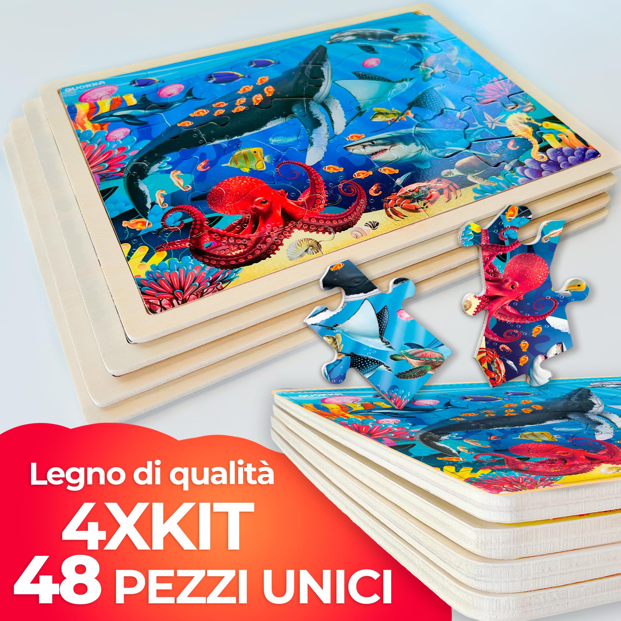 QUOKKA Puzzle Legno Bambini 3 4 5 Anni – 4x48 Pezzi Puzzle Animali Montessori – Gioco Educativo in Legno con Animali Realistici – Regalo per Bambini e Bambine 6 7 8 Anni