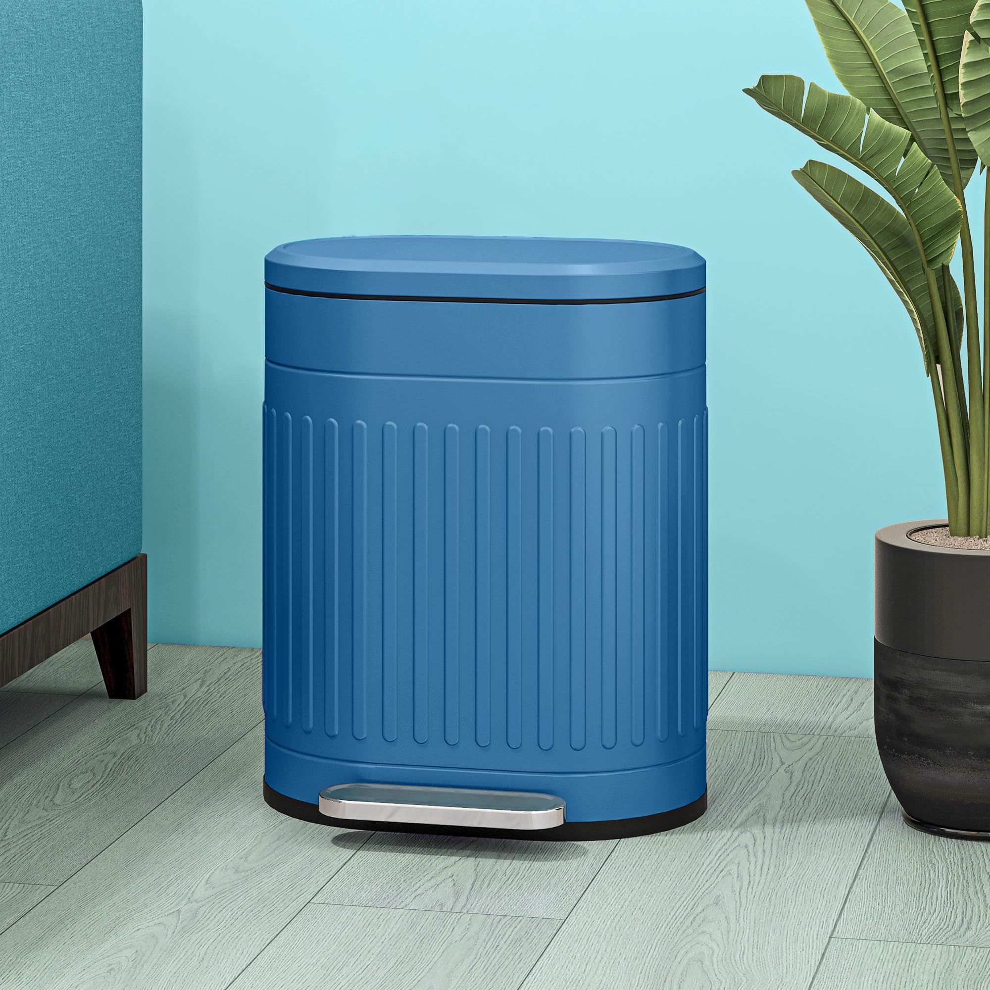 HOMCOM Poubelle de Cuisine 20L à Pédale Ovale 36,5 x 31,2 x 45 cm Bleu | En Métal, Couvercle à Fermeture Douce, Anti-Traces de Doigts, Seau Intérieur Amovible