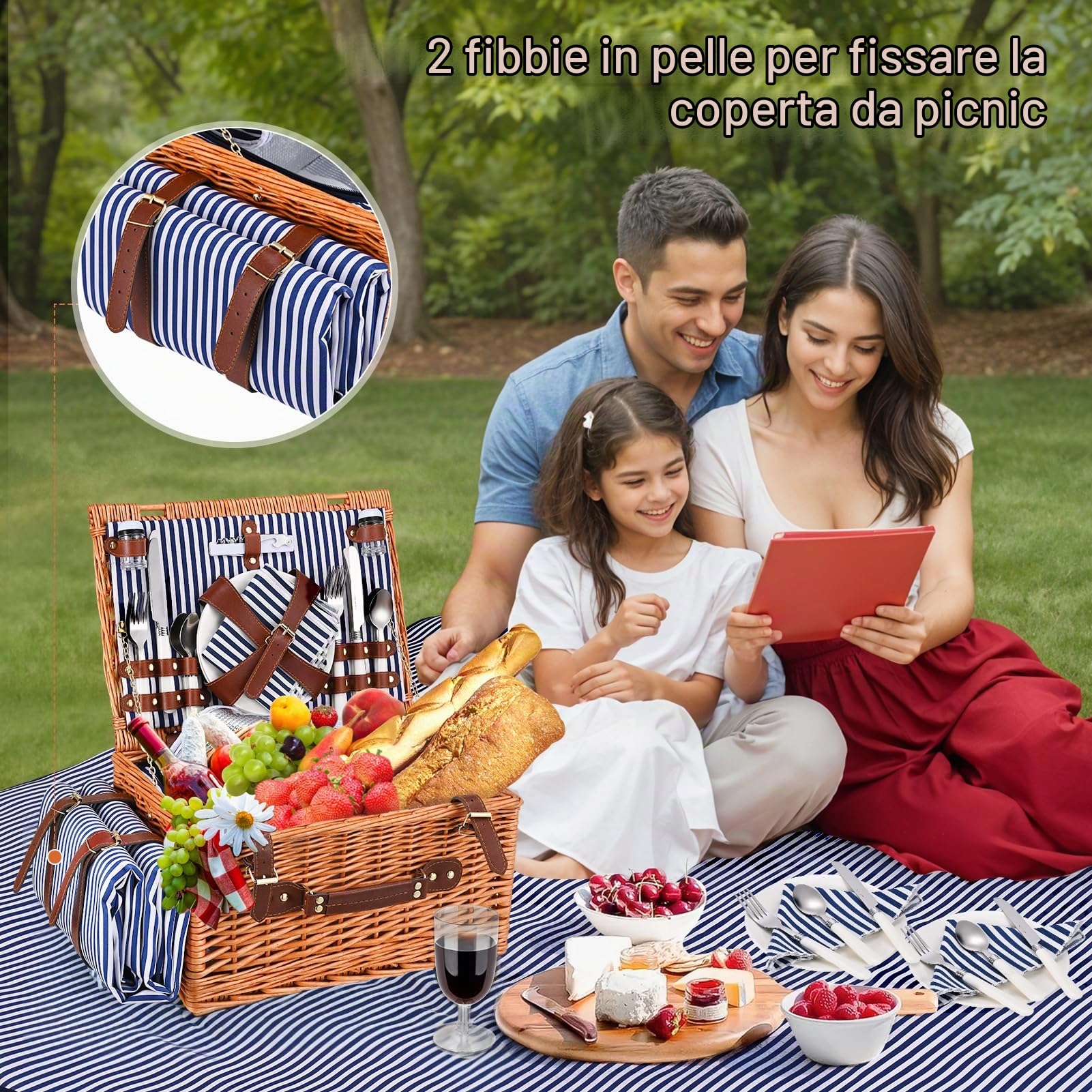 Cestino da Picnic in Vimini per 4 Persone, Cesto Picnic con Scomparto Termico, Coperta Impermeabile, Piatti, Bicchieri, Posate, per Campeggio, Festa all'Aperto, Spiaggia, Escursioni, Blu