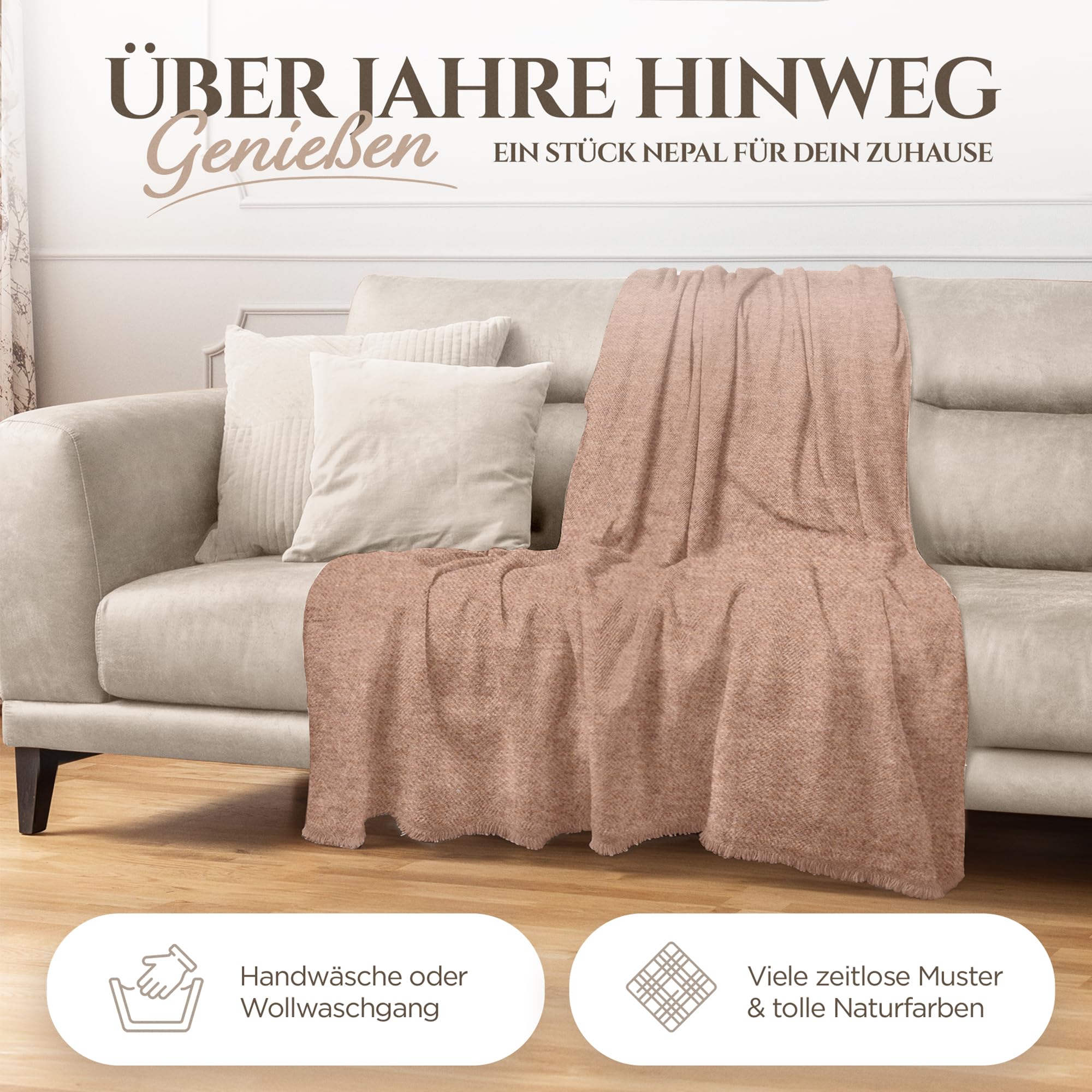 Kaschmirdecke – Handgewebte Sofaüberwurf Decke aus 100% Kaschmirwolle – 135 x 270 cm Weiche und gemütliche Braune Kuscheldecke für Couch und Stuhl – Hergestellt in Nepal
