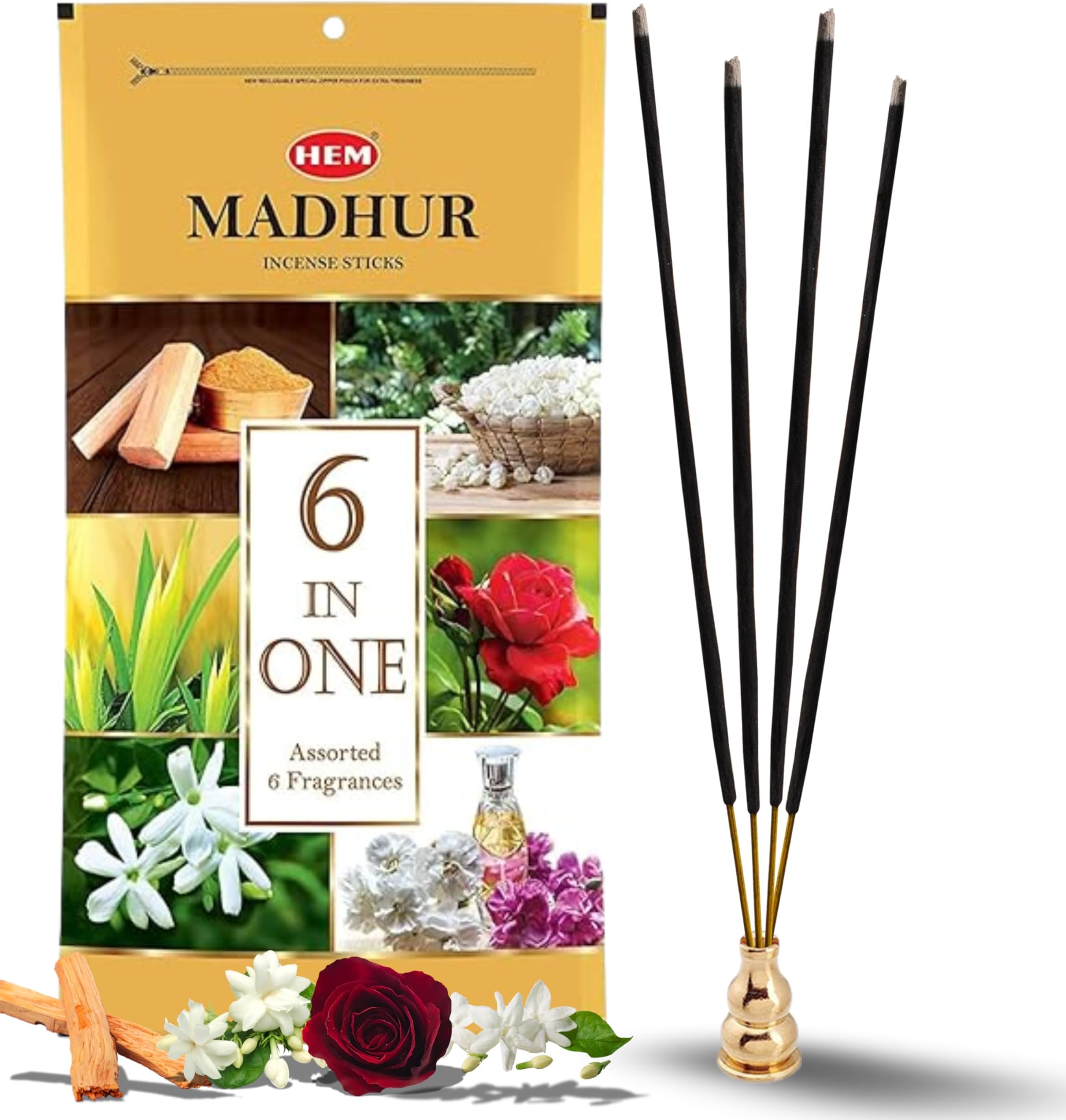 - Madhur Incense Sticks | 6-in-1 Assorted Fragrances (Sandal, Mogra, Jasmine, Kewda, Rose, Intimate) | Long Burning Time (35-40 Minutes) | Zip Pouch Packaging |Approx 184 Sticks | Pack of 2 (480g)