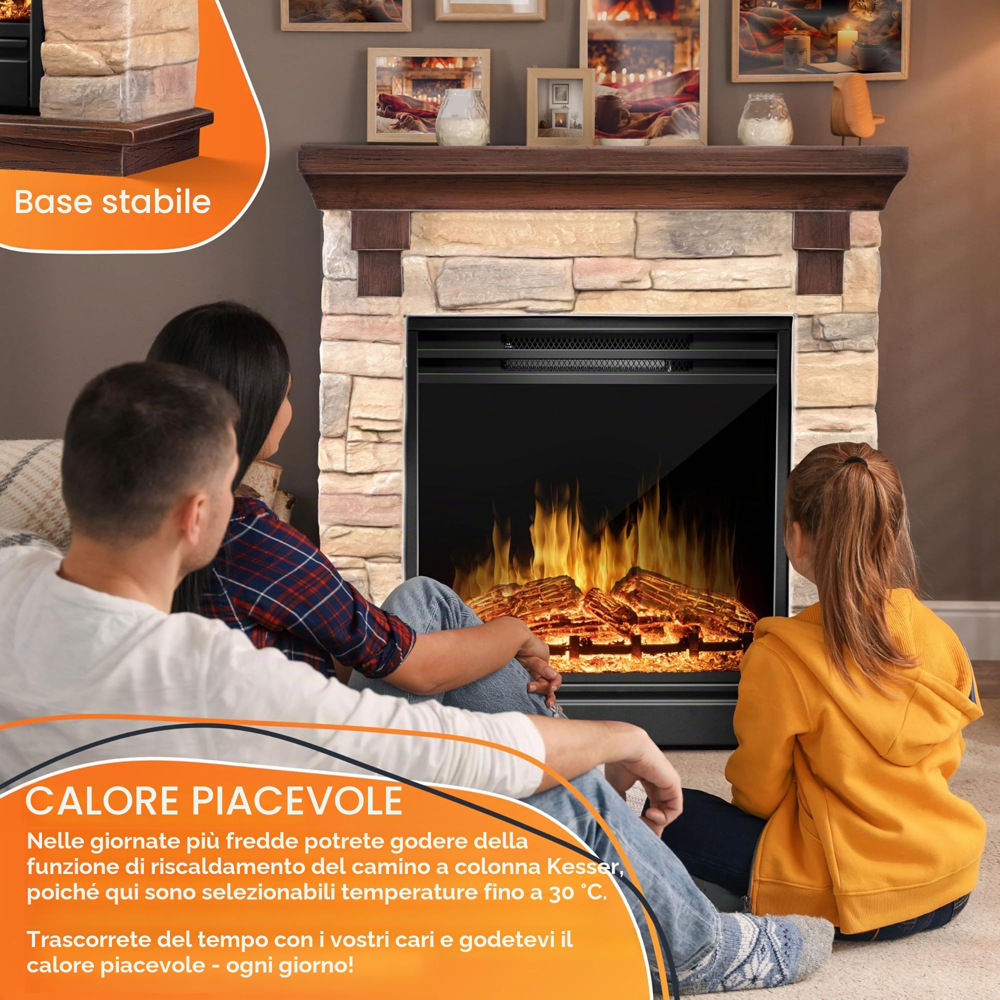 KESSER® Caminetto elettrico Casminetto da appoggio - Caminetto con effetto fiamma LED 3D, con funzione di riscaldamento, caminetto con potenza 1800W, (Natur/Braun)
