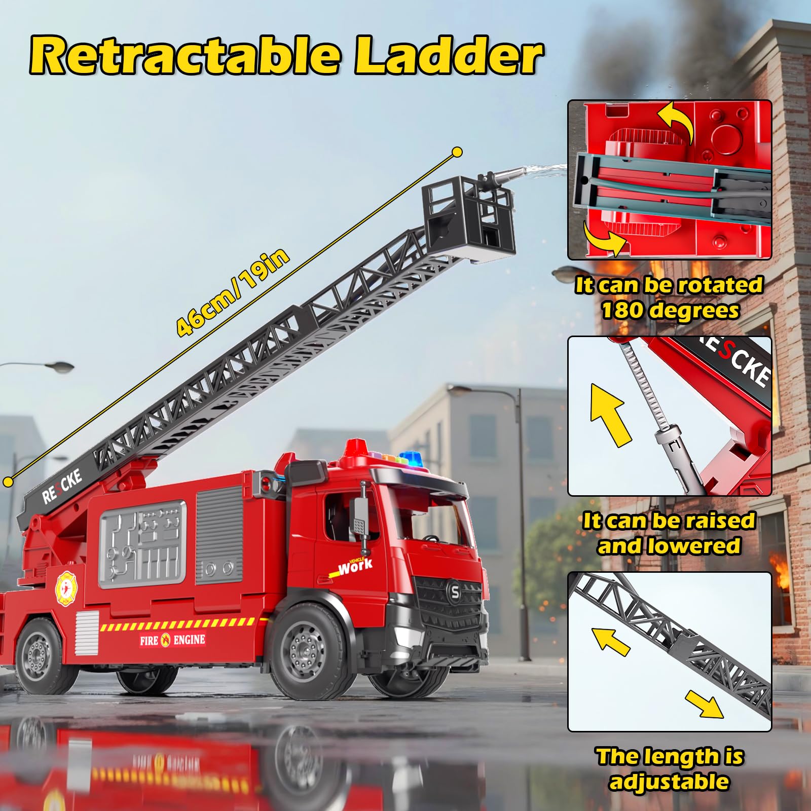 Doloowee Feuerwehrauto für Junge 3 4 5 Jahre, Verformbares Feuerwehrfahrzeug mit Feuerleiter, Sound und Licht, Sprudelfunktion, Autospielzeug Geschenk für Kinder ab 3 Jahren