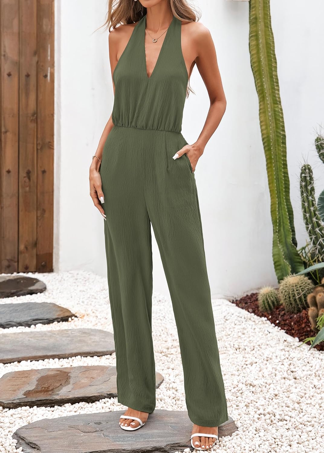 Lazysmile Summer Jumpsuits for Women Sleeveless Halter Backless Pants Romper Dressy Wide Legs One Piece Outfits - Image 7