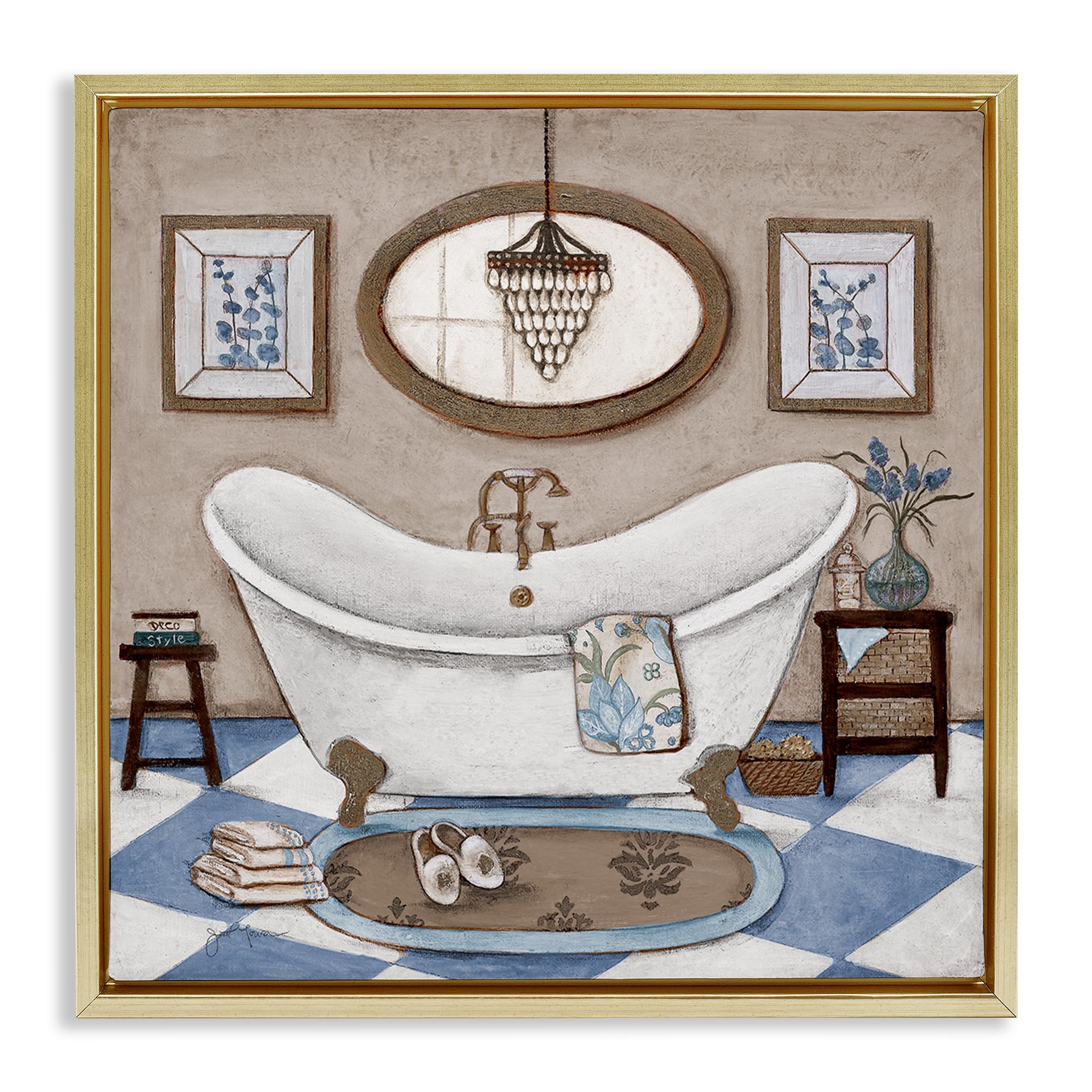 Stupell Industries 'Checkered Relaxing Bathtub', Floating Frame Canvas Art, Gold, 18 x 18 Inches, Easy to Hang and Sturdy, Made in USA, by Janet Tava
