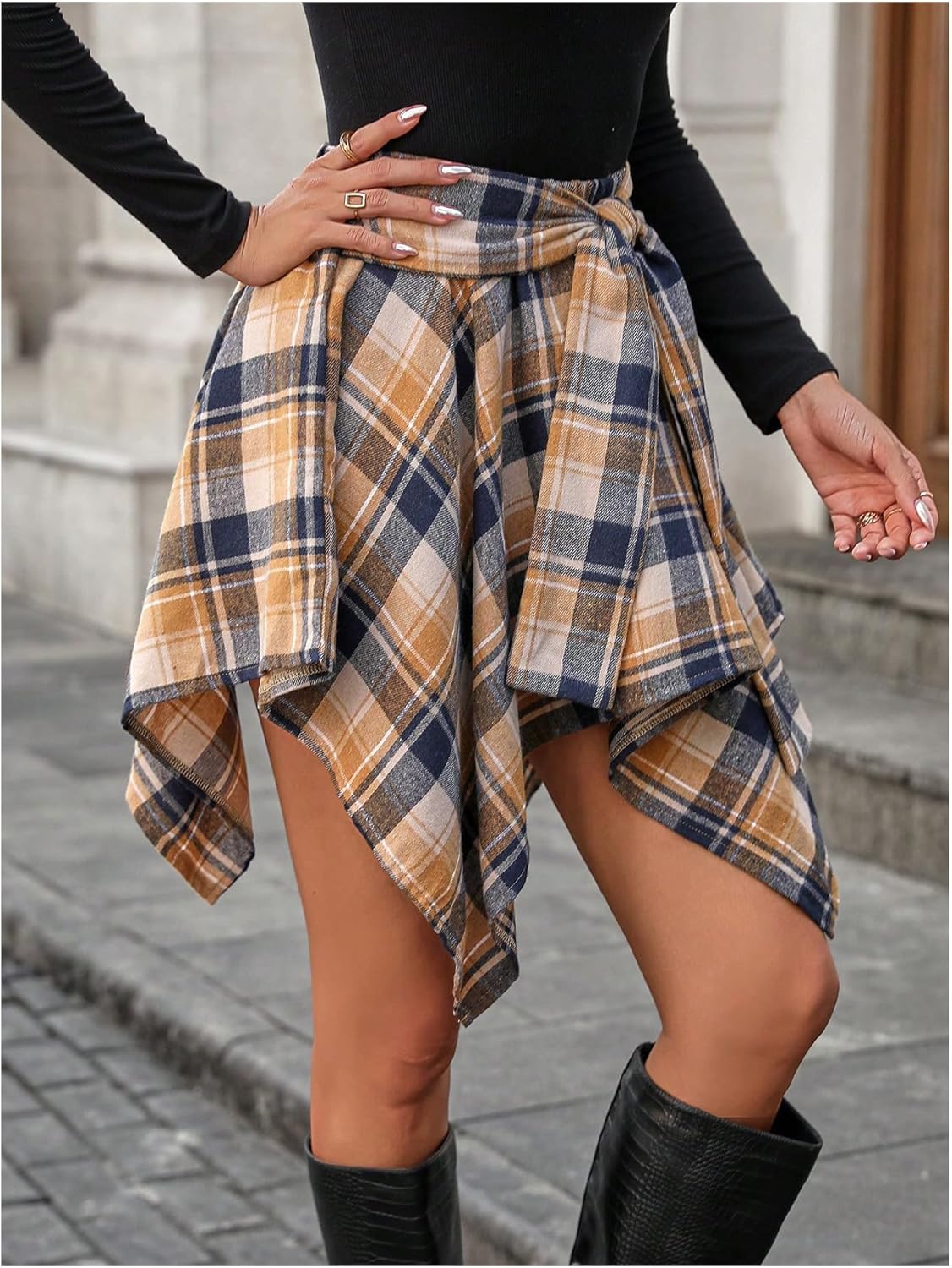 Milumia Women's Plaid Asymmetrical Hem Ruffle Skirt Knot Front High Waist Short Skirts - Image 2