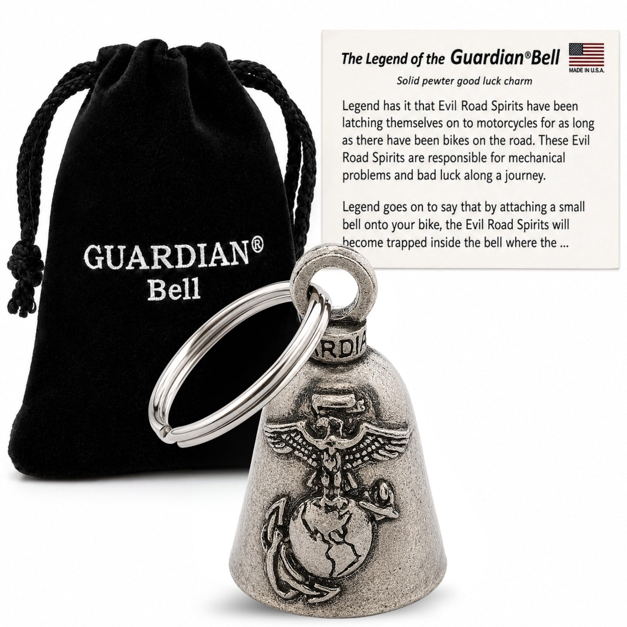 Guardian Bell Marines Bell Good Luck Bell w/Keyring &amp; Black Velvet Gift Bag | Motorcycle Bell | Lead-Free Pewter | Good Luck Gift to Friends &amp; Family | Bike Bell | Made in USA