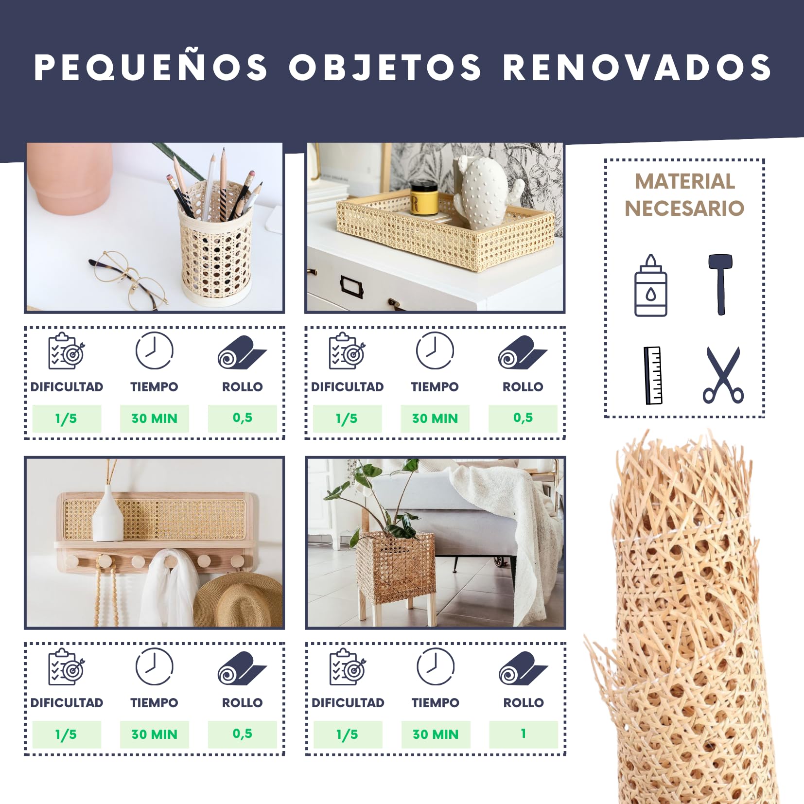 Rollo de caña de ratán Natural 60 CMx1 M Creaciones y Restauraciones de Muebles con Elegancia