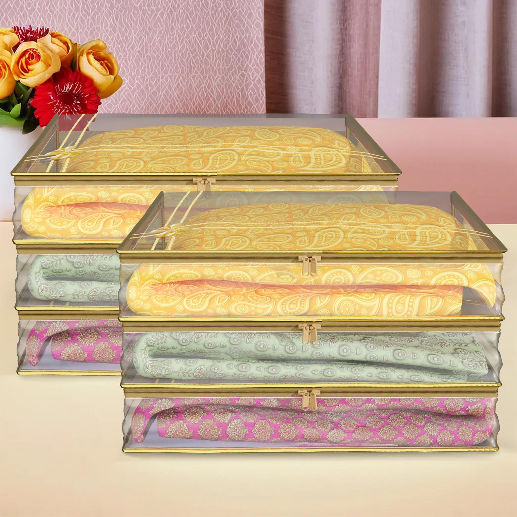 Kuber Industries Saree Cover | Bow Transparent Clothes Storage Bag | Suit Packing Cover | Wardrobe Cloth Storage Organiser with Zip | 3 Inch | Pack of 6 | Golden