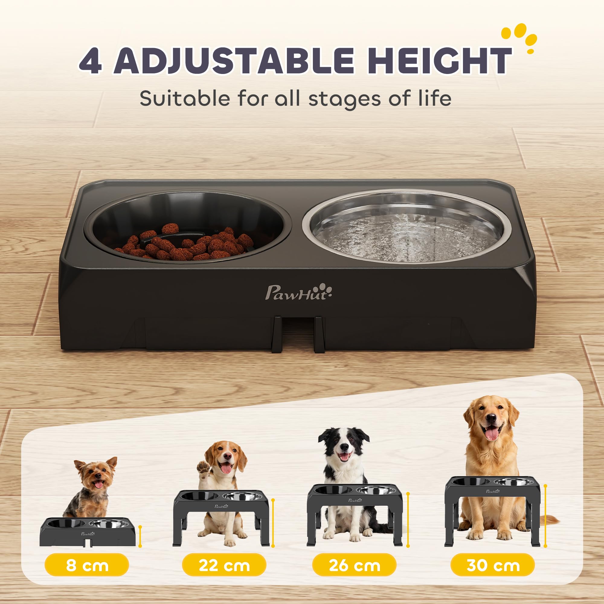 PawHut Gamelle surélevée pliable pour gros chiens Noir | Distributeur en acier inoxydable, 4 hauteurs réglables, station d'alimentation pour animaux, gamelles surélevées pour chien