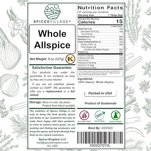 Miniatura 3 de SPICES VILLAGE Bayas de pimienta de Jamaica (8 onzas) – Especias enteras frescas y secas para cocinar condimentos en decapado, semillas de piento