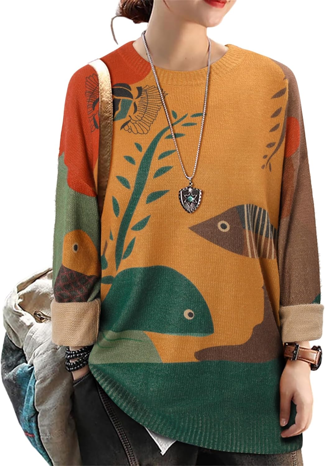 CRAZY GRID Women Knitt Pullover Sweaters Winter Patterned Oversized Long Sleeve Graphic Print Jumper Tops - Image 2