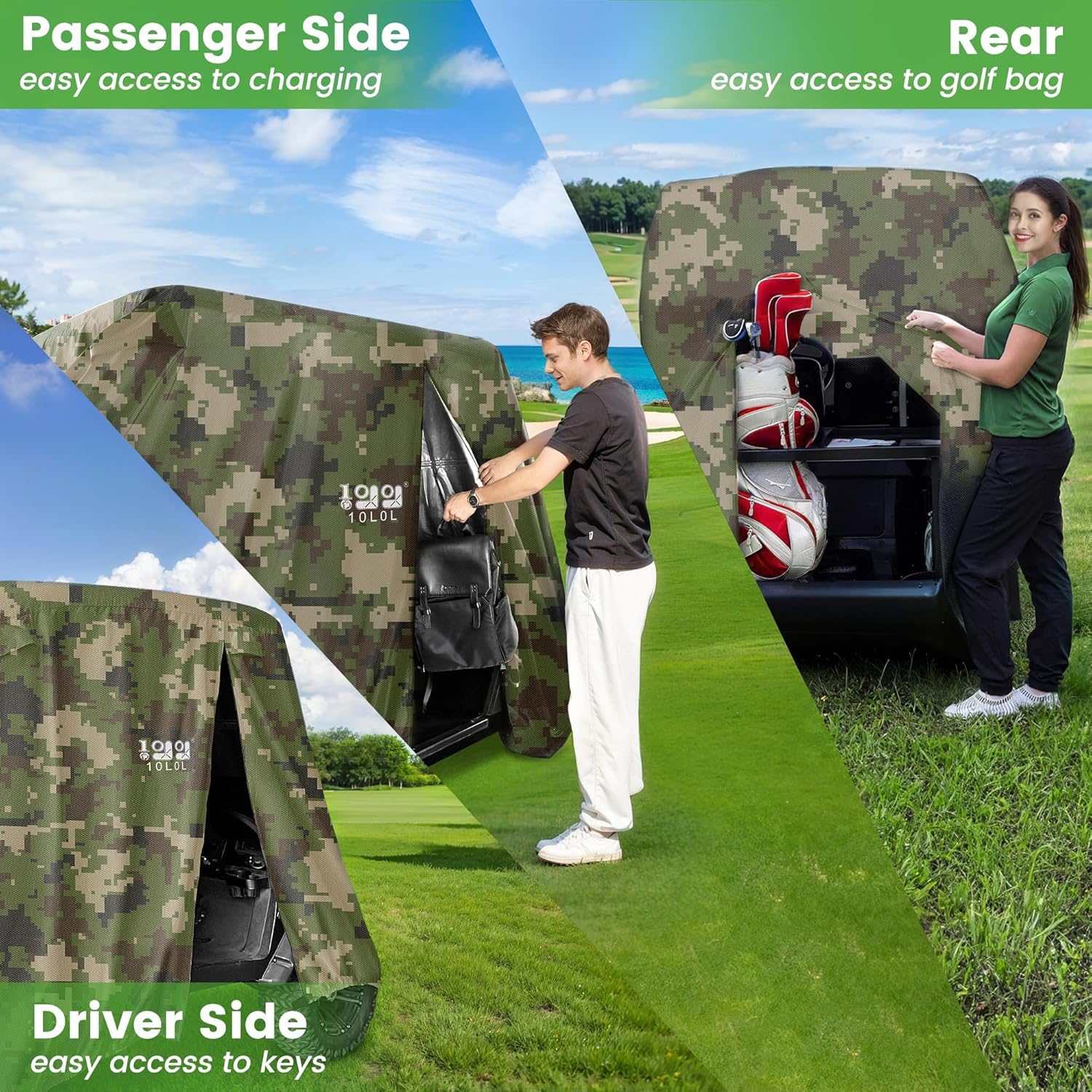 10L0L Housse de chariot de golf pour 4 + 2 passagers, convient pour Yamaha EZGO, Club Car, housse imperméable en polyester 420D avec trois portes à fermeture éclair, coupe-vent et solaire, camouflage