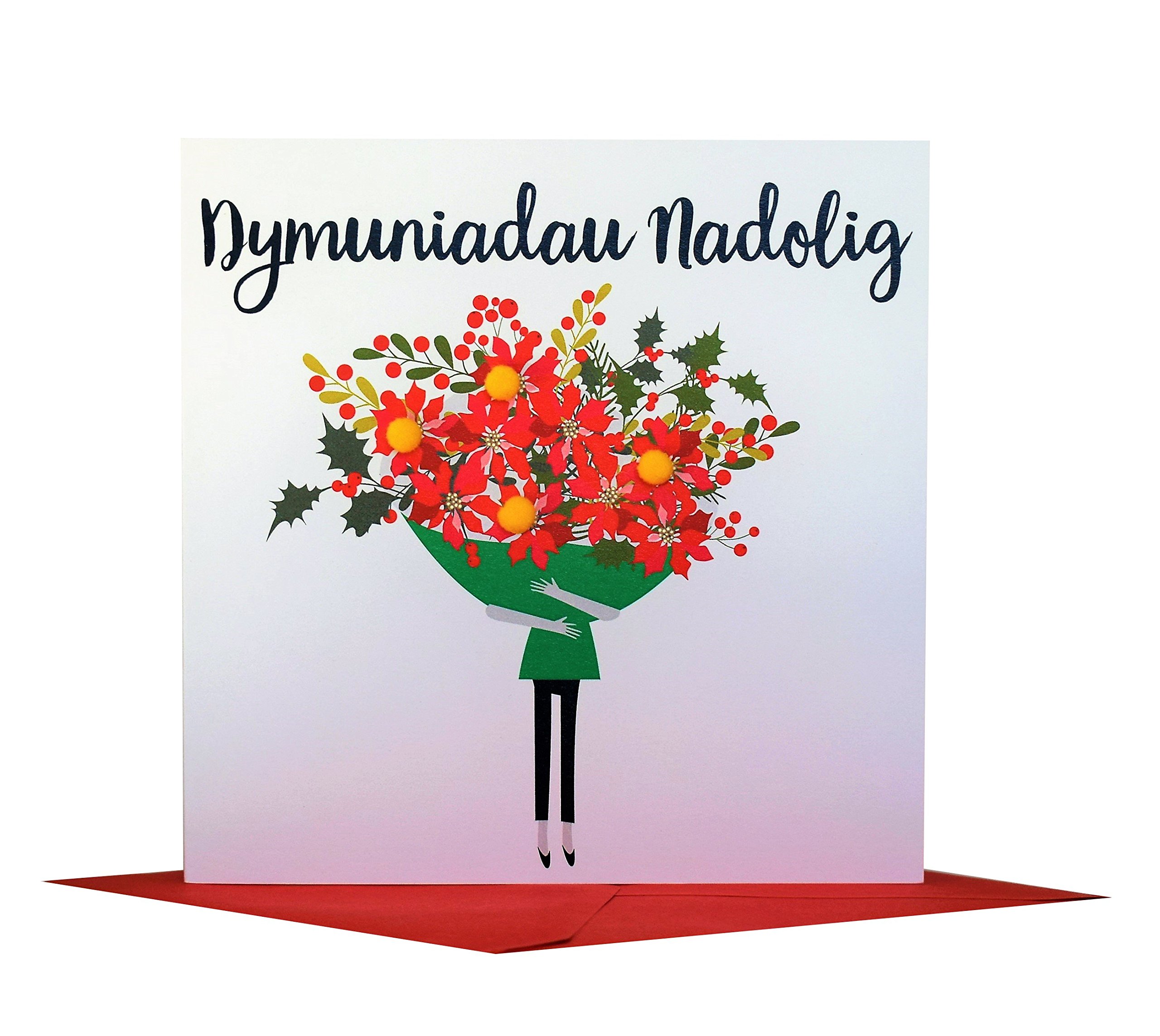 Claire Giles Greeting Cards, Welsh Happy Christmas Card, Nadolig Llawen, Christmas Bouquet Design Xmas Greeting Card, Embellished with Colourful Pompoms