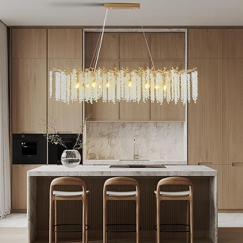 Miniatura 8 de YUYI Candelabro de cristal dorado, modernos candelabros rectangulares de 47.2 pulgadas para comedor, lámpara de lujo grande K9 para vestíbulo, sala