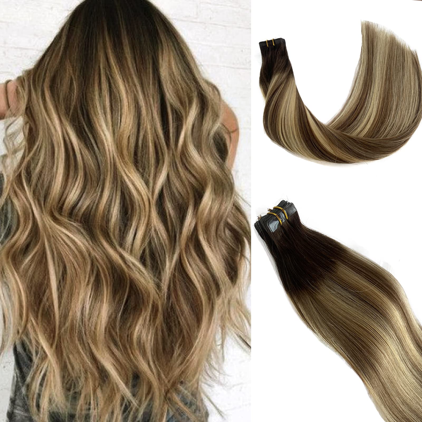 Ombre Blonde Tape in Hair Extensions Human Hair 40g/20pcs Balayage Natural Brown with Blonde 18Inch 100% Remy Hair Extensions Tape in Soft Straight