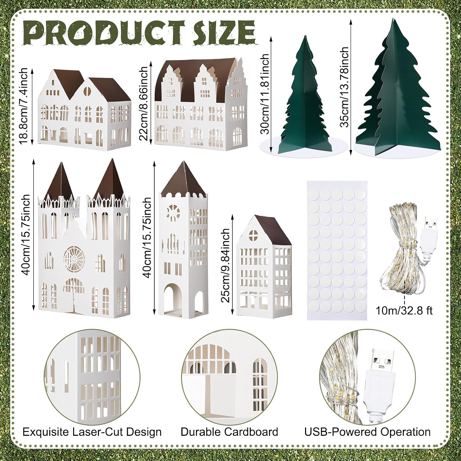 Geelin 7 Pcs Christmas Village Set, LED Paper Houses Trees Mantel Decor