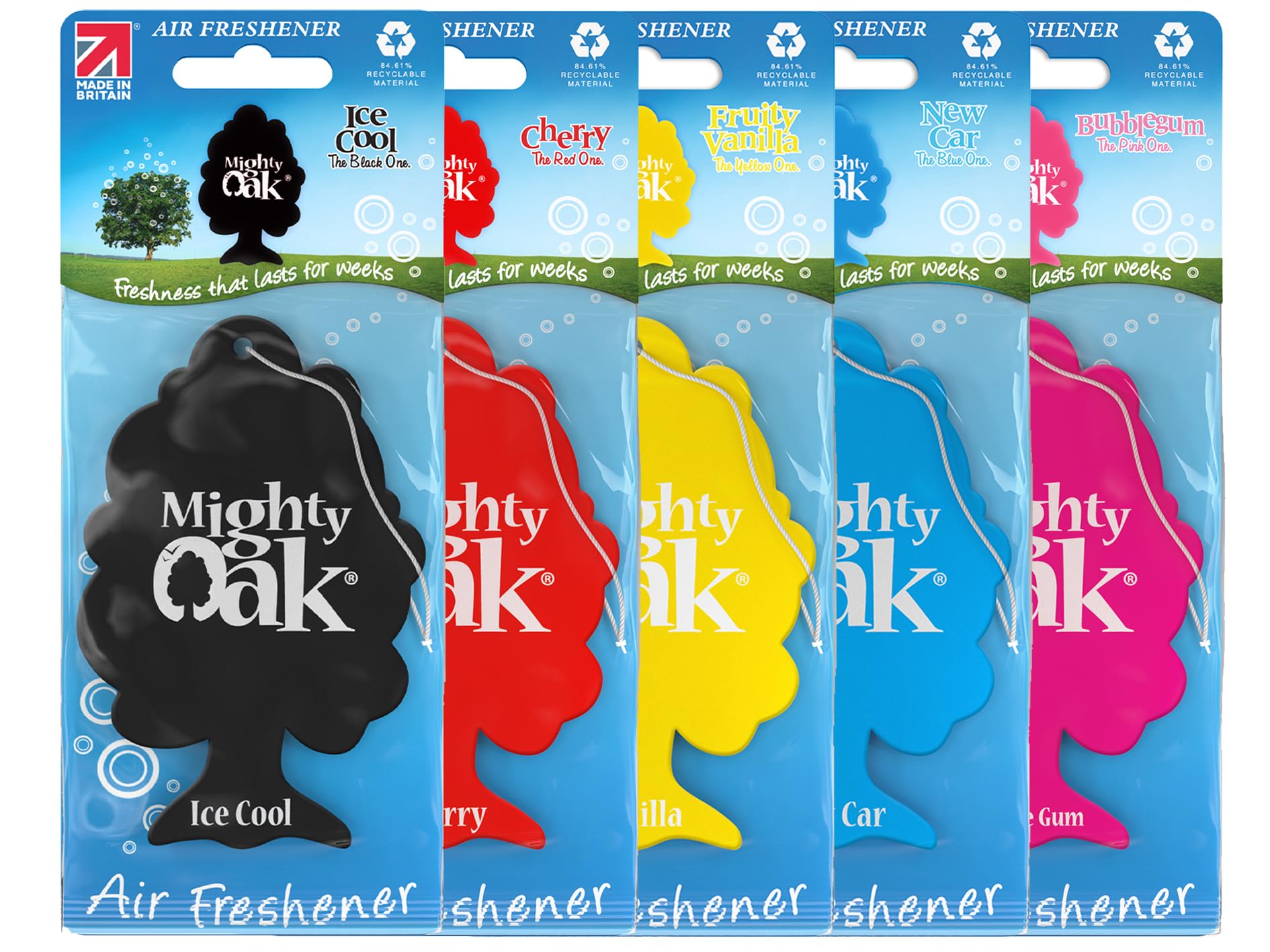 Mighty Oak Air Freshener – Mixed Fragrance 5 Pack (New Car, Ice Cool, Vanilla, Cherry & Bubblegum) – Long Lasting Hanging Car Deodoriser – Odour Eliminator – UK Made Auto Accessories – Car Scent Fresh