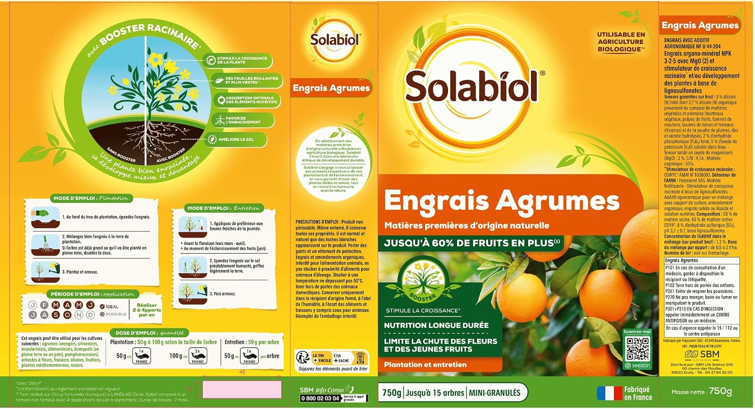 SOLABIOL Engrais Agrumes - Jusqu'à 60% de Fruits en Plus - 750g | Favorise la Fructification - Nutrition Longue Durée - Utilisable en Agriculture Biologique - SOAGY750 — vue 3