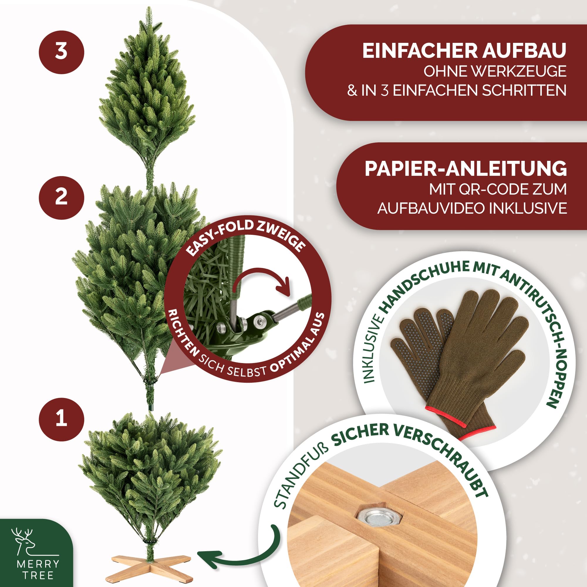MerryTree Luxus künstlicher Weihnachtsbaum 180 cm - großer Weihnachtsbaum Spritzguss - naturgetreue PE-Nadeln + Holzfuß massiv - schwer entflammbar - Tannenbaum künstlich - Nordmanntanne