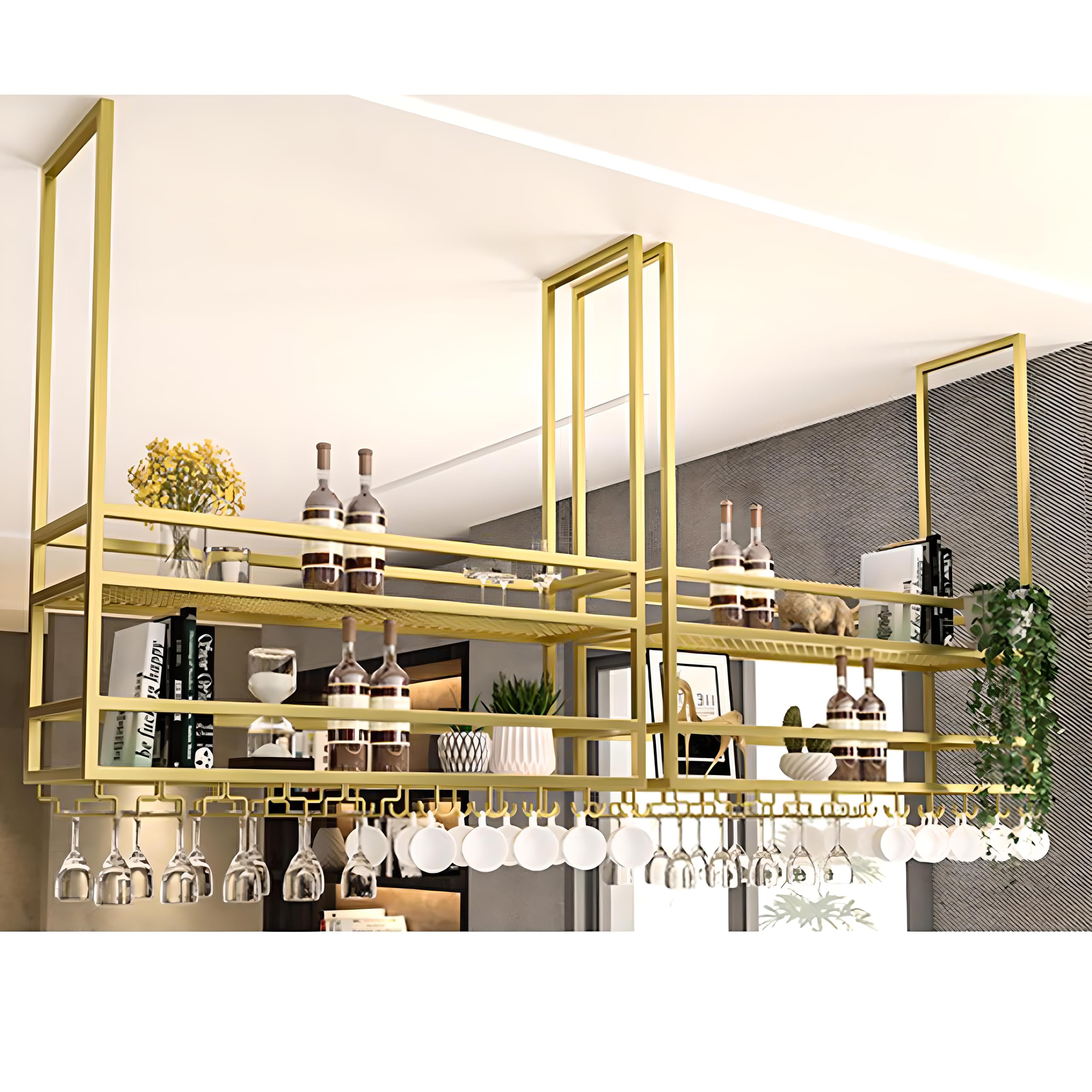 Deckenregal Weinregal, Hängend Metall Weinflaschenhalter, 2-Lagiger Wandmontage Wine Display-Ständer, Decke Dekoration Regal für Bars, Restaurants, Küchen (Gold, 80CM)