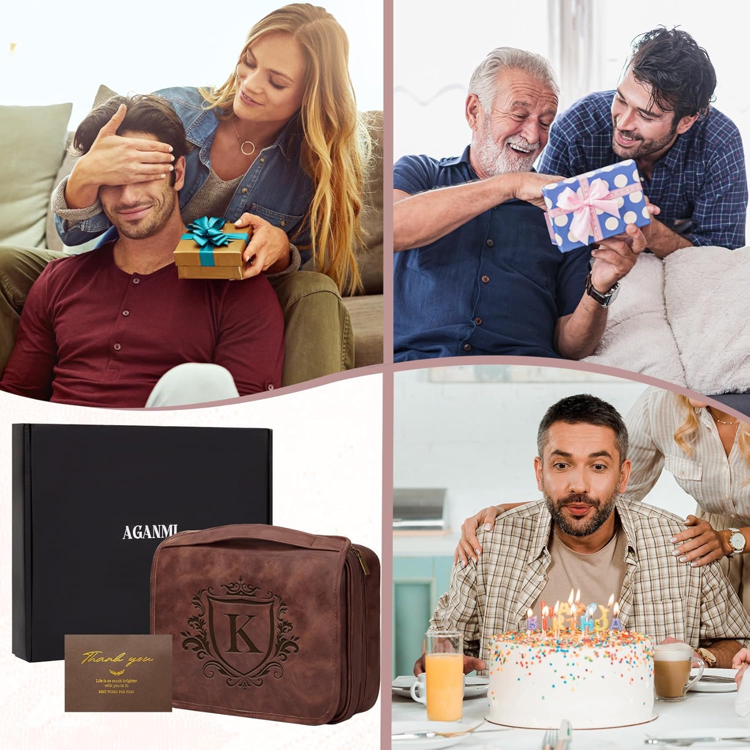 Personalized Hanging Toiletry Bag Travel Gifts for Men Him, 3-in-1 Large Laser-Engraved Initial Waterproof PU Leather Shaving Bag Valentines Birthday Gift for Men Dad Husband Reddish Brown M