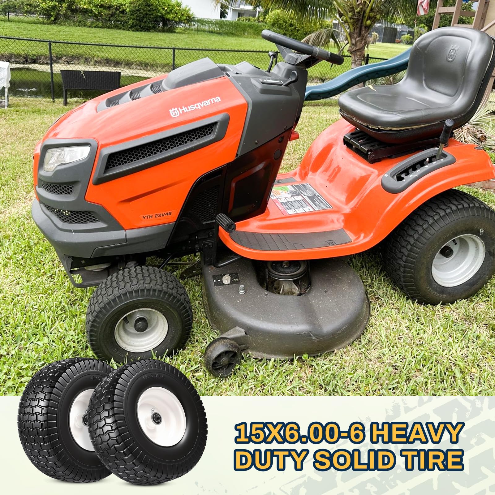 Neumático y rueda para cortacésped de 15 x 6.00-6, montaje de neumático delantero de 15 x 6-6 pulgadas compatible con tractores John Deere Husqvarna, con rodamientos de 0.75 y 0.63 pulgadas, cubo