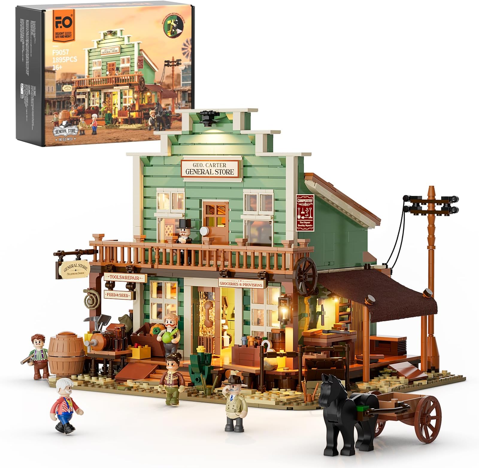 FUNWHOLE Western General Store Building Set – 1895 PCS Wild West Town Model Kit with Removable Roof, Hidden Chamber, Vintage Details, Modular Design – Story Playset for Adults & Teens