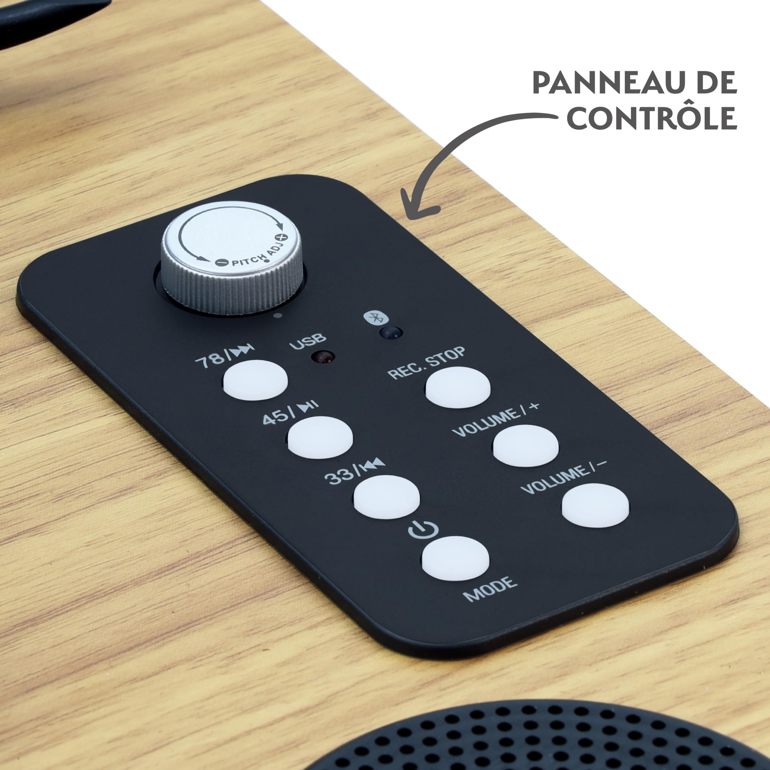 MOOOV 477361 Platine Vinyle Bluetooth avec Couvercle de Protection, Haut-parleurs Intégrés, Tourne Disque avec Enregistrement USB, Compatible 33/45/78 Tours, Sortie RCA, Effet Bois