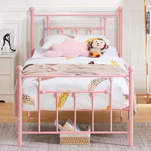 VECELO Base de cama de plataforma metálica de tamaño individual con cabecera y estribo, soporte de listones de alta resistenciano necesita somier,