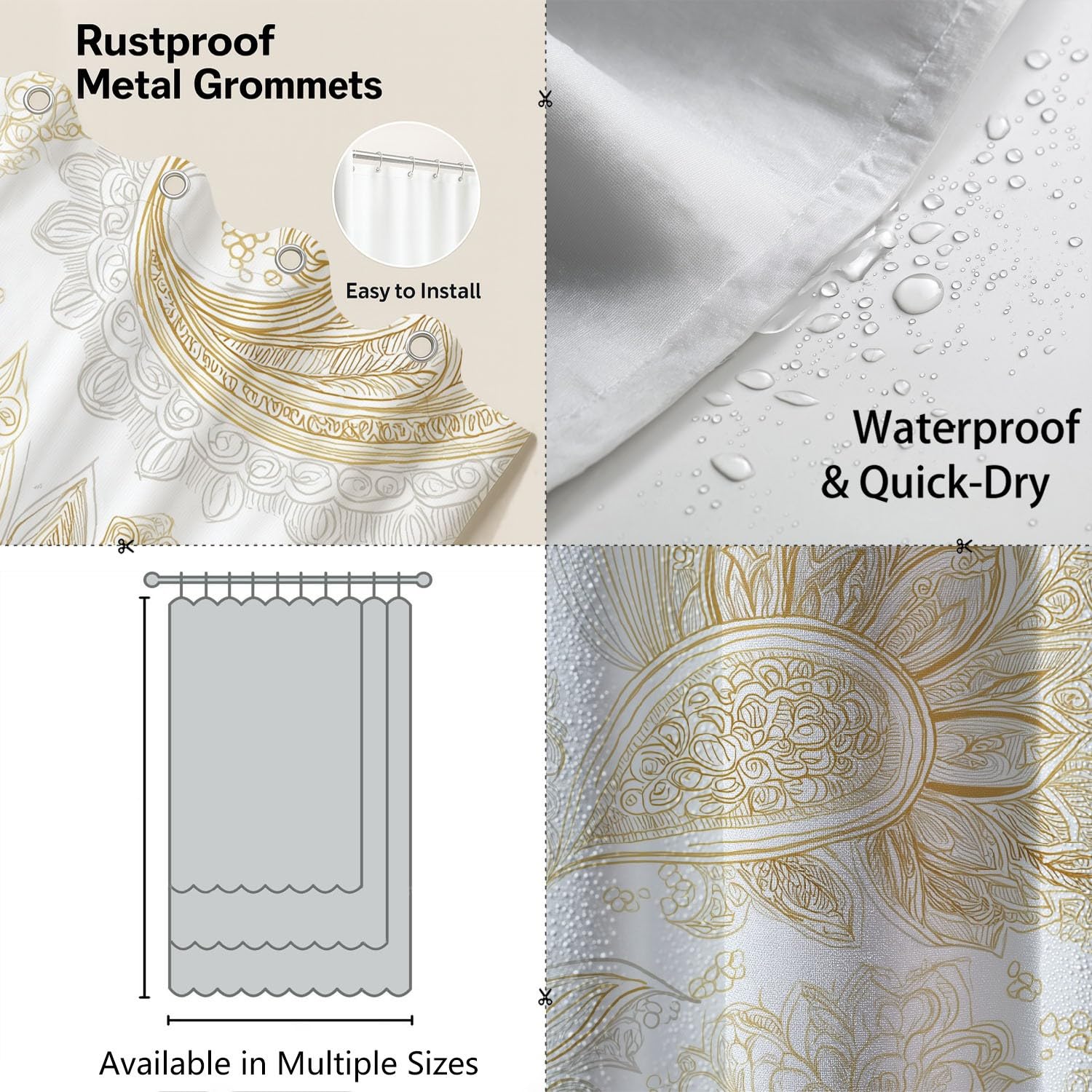 Generico Moderno Tenda Da Doccia Lusso Fantasia paisley Beige Bianco, Tenda Da Doccia Per Bagno, Vasca Da Bagno, Tenda In Poliestere Impermeabile Con Ganci In Plastica, 180 x 200 cm