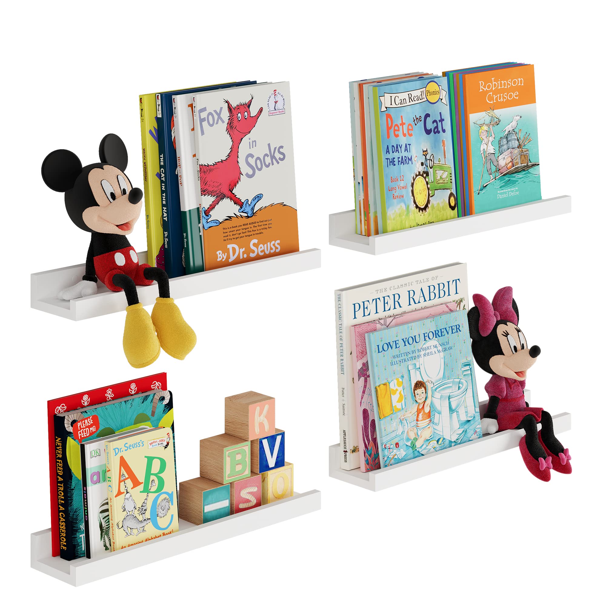 Wallniture Denver Floating Shelves for Kids Room Decor, White Wall Bookshelf for Picture Frames, Kids Room Shelves, Wall Shelf, Set of 4
