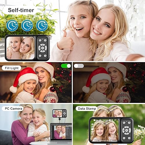 Miniatura 6 de Cámara digital, cámara de pantalla dual 4K 64MP, zoom de 18X, cámara digital de apuntar y disparar con tarjeta TF de 64 GB y 2 baterías, cámara