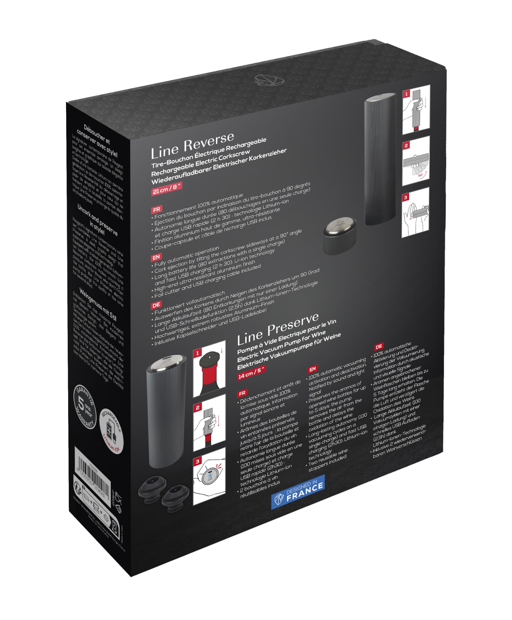 PEUGEOT - Geschenkset Korkenzieher Line Reverse + Vakuumpumpe Preserve - Elektrisch, 100% automatisch - Lange Akkulaufzeit - Schnelle Aufladung - Geschenkidee für Weinliebhaber - Mattschwarz