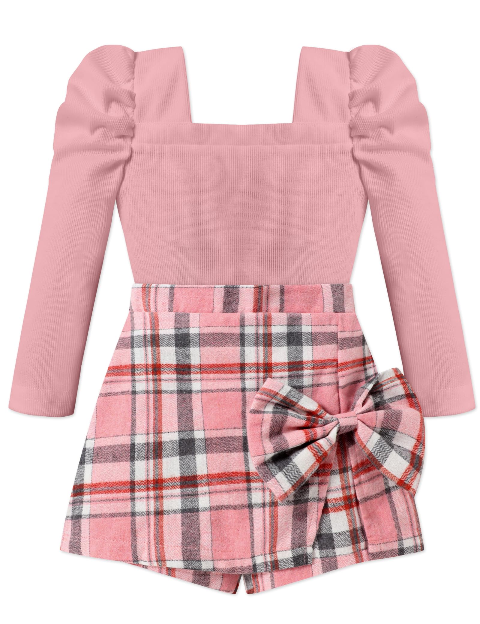 KISSB Toddler Girl Clothes Square Neck Puff Sleeve Top and Skort Set 2PCS Fall Winter Girls Outfits