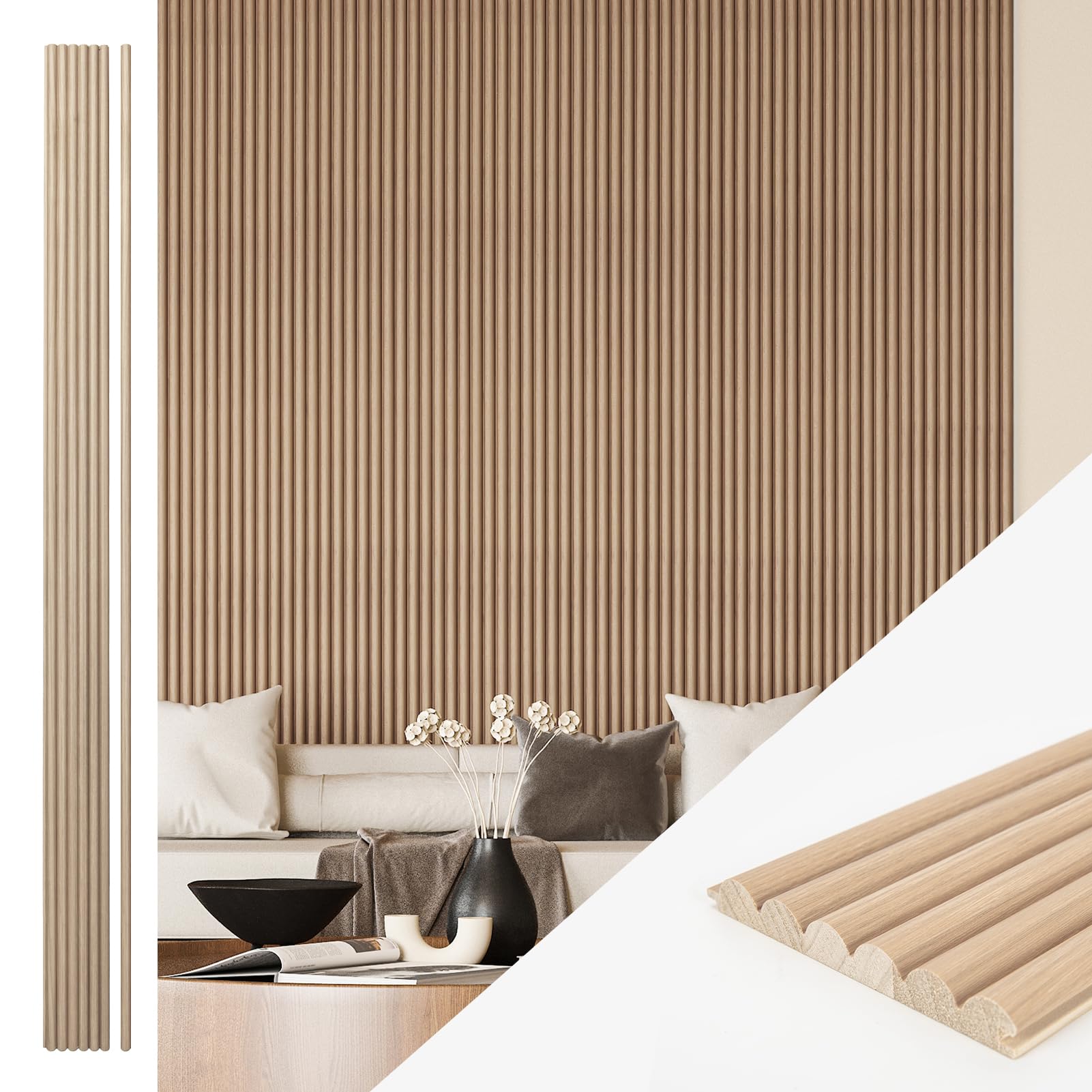 Condition photo showing New/Like New for Art3d Fluted Wood Panel for Wall and Ceiling, Beaded Accent molding for Home Decoration, Pack of 4pcs + 1pc End-Trim, Size 108 x 5.7in.- Beaded Ashtree