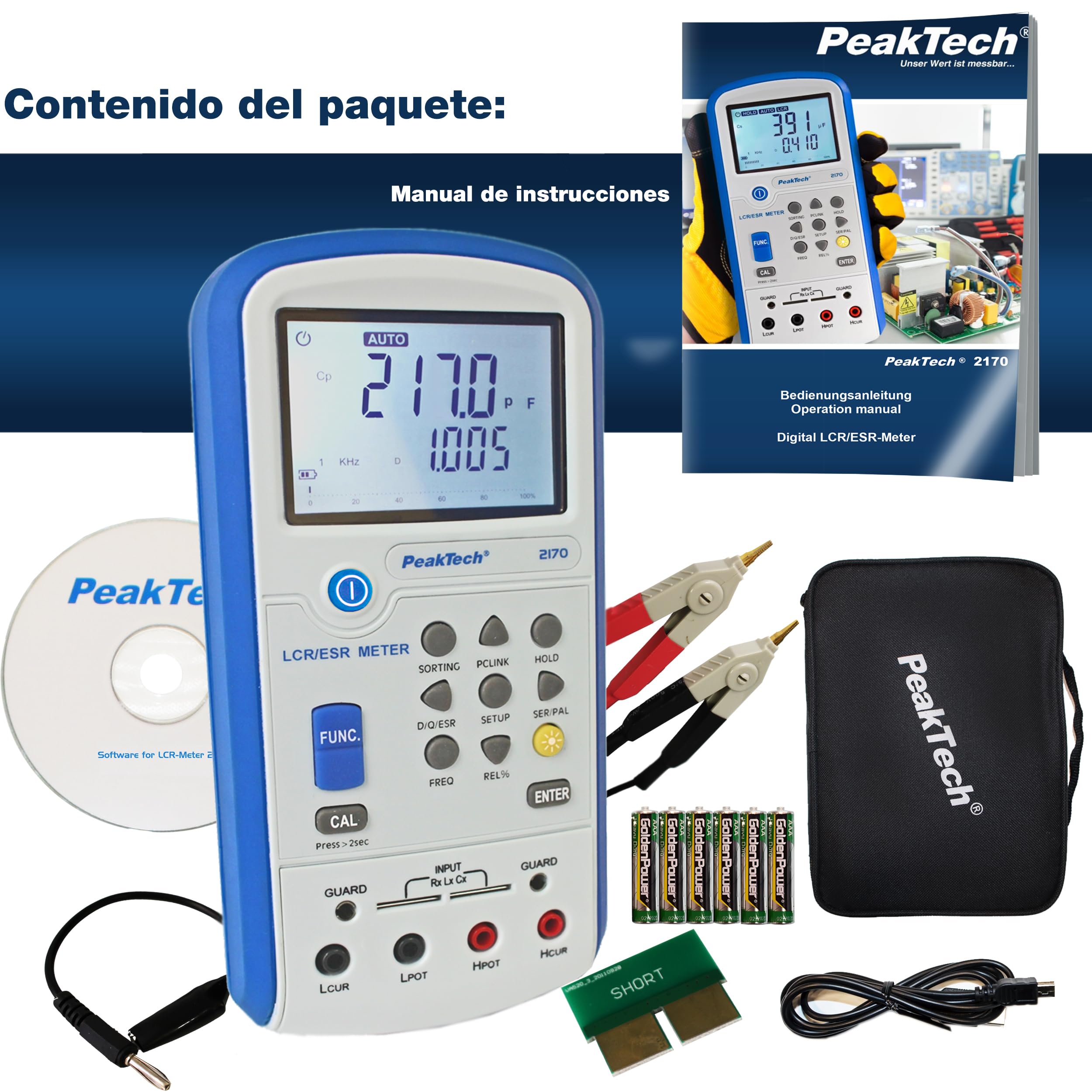 PeakTech 2170 - Medidor LCR, Dispositivo de Medición Esr con Usb, Incluido Software, Frecuencia 1/120 Hz, 1/10/100 Khz, Digital, Medición de Corriente, Pantalla LCD Iluminada, Gráfico de Barras