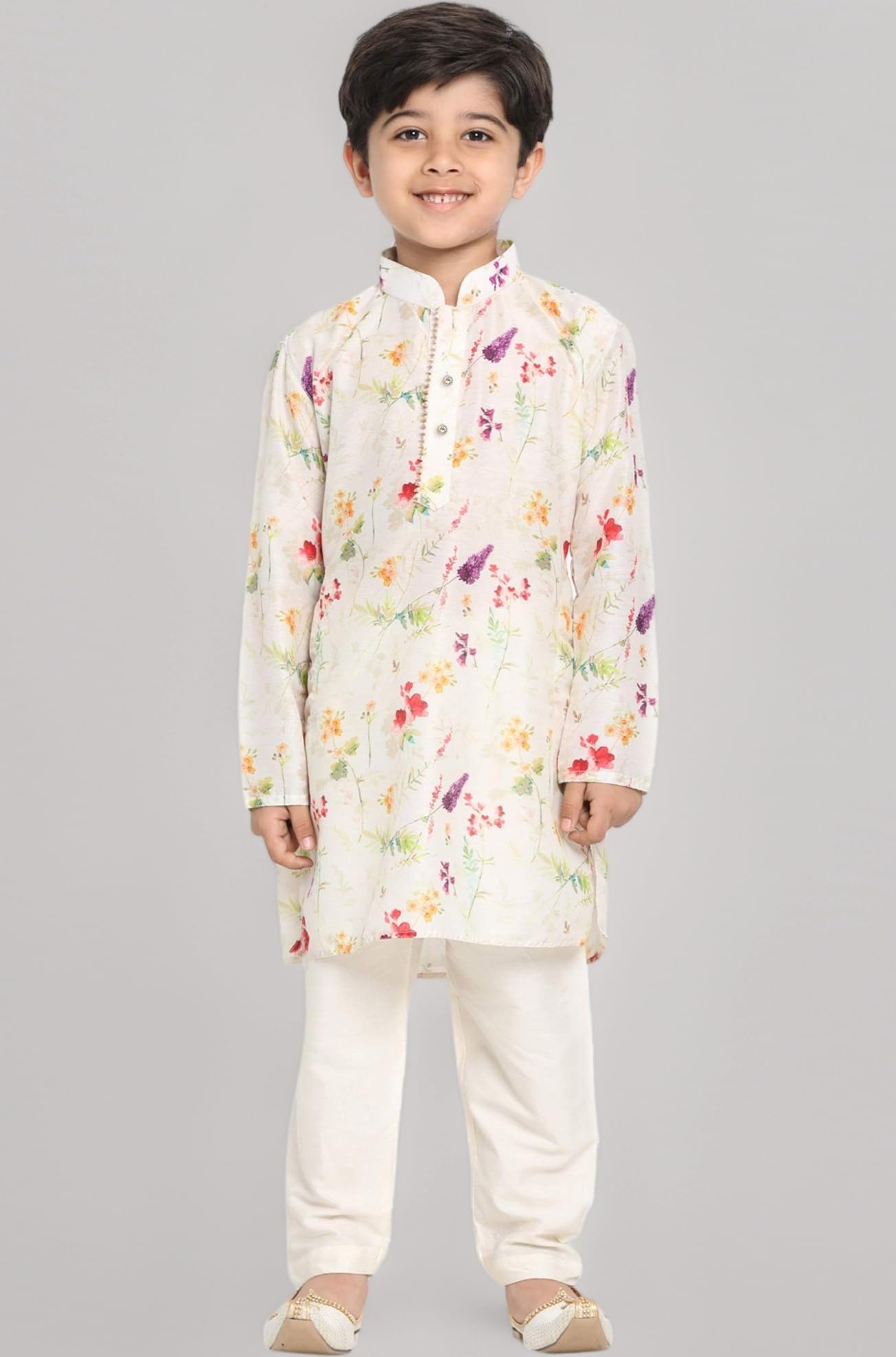 Vastramay Boys Linen Cotton Kurta Set for Independence Day Celebrations- Digital Floral Print Ethnic Wear with Mandarin Collar