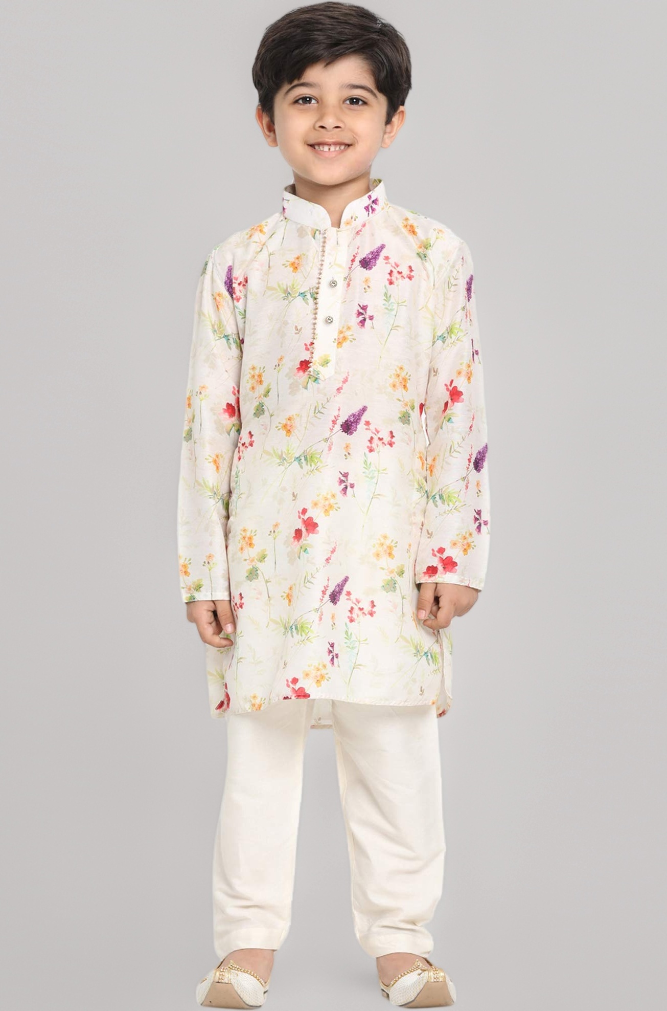 Vastramay Boys Linen Cotton Kurta Set for Independence Day Celebrations- Digital Floral Print Ethnic Wear with Mandarin Collar