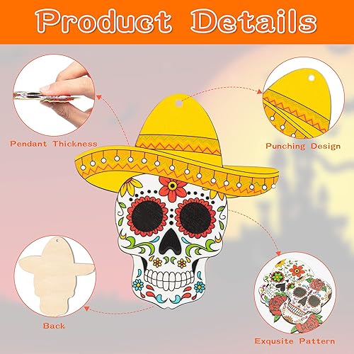 Miniatura 4 de Haooryx Adornos colgantes de madera de fantasma del Día de los Muertos de Halloween, 25 piezas de calaveras de azúcar, decoración mexicana para
