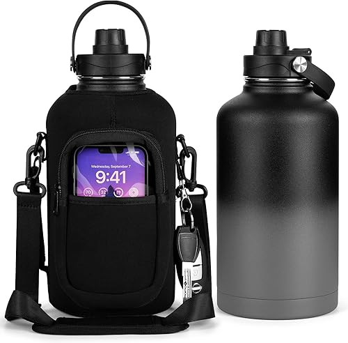 Botella de agua aislada de 64 onzas, jarra de agua deportiva de acero inoxidable al vacío de medio galón con manga, botella de agua de metal que