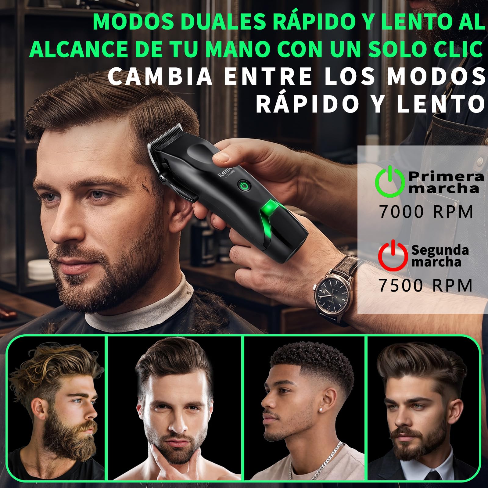 KEMEI 1386 Cortapelos, 7500RPM, 2 Velocidades, USB-C, Base de Carga