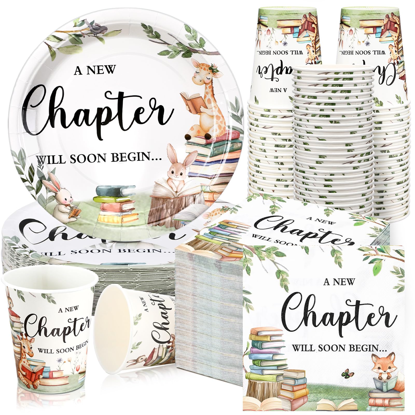 Hushee 200 Pcs Storybook Baby Shower Decorations Supplies A New Chapter Will Soon Begin Book Baby Shower Paper Plates Napkins Cups Library Reading Book Club Tableware Set for 50 Guest