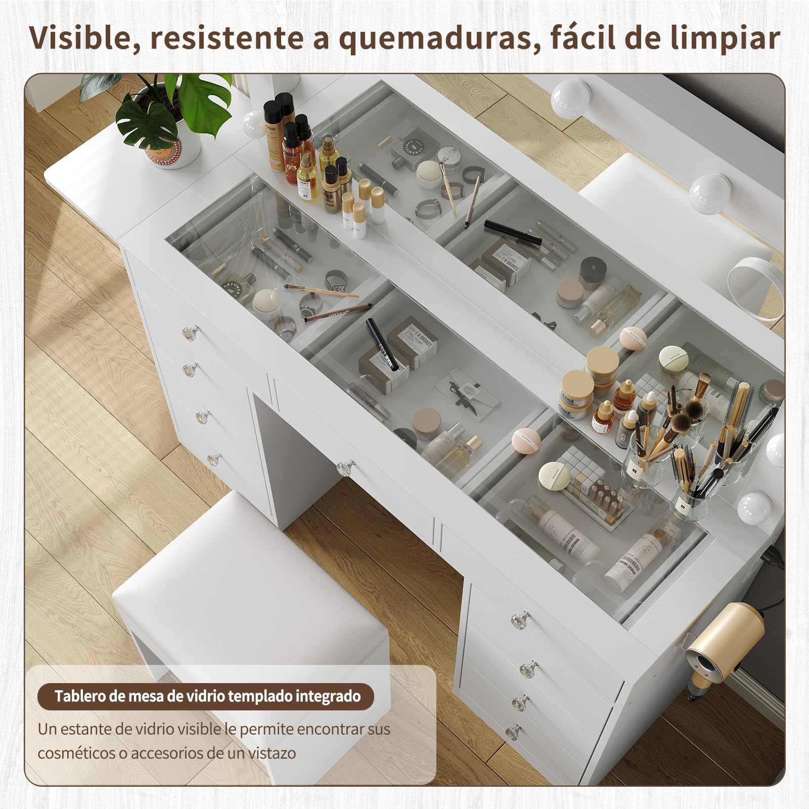 Yanosaku Tocador con Espejo, 12 Luces LED, Enchufe, 9 cajones y Estante Plegable, 3 Modos de iluminación Regulables