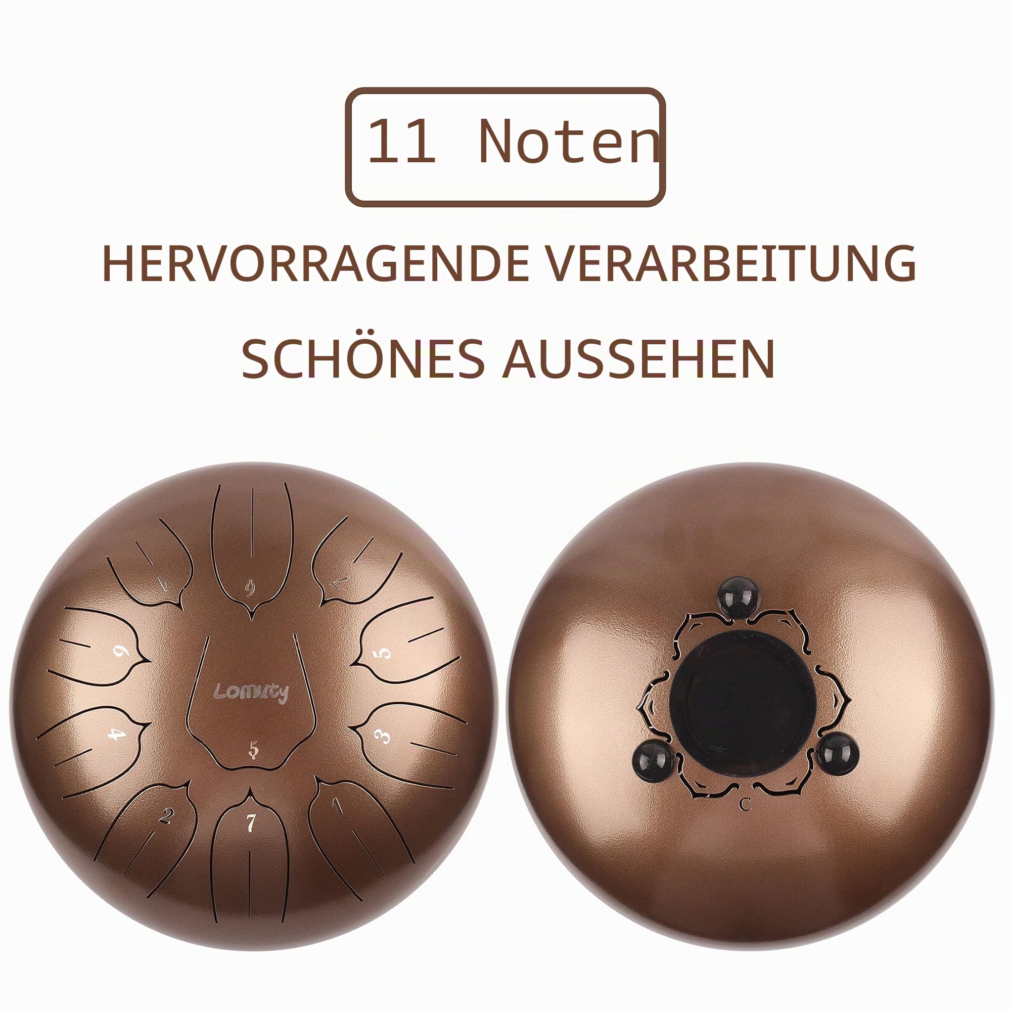 Stahlzungentrommel, 12 Zoll 30 cm Steel Tongue Drum, C-Dur 11 Noten, Handtrommel HandPan Drum mit Drumsticks,Musikbuch,Tragetasche und Fingerpicks(Braun)