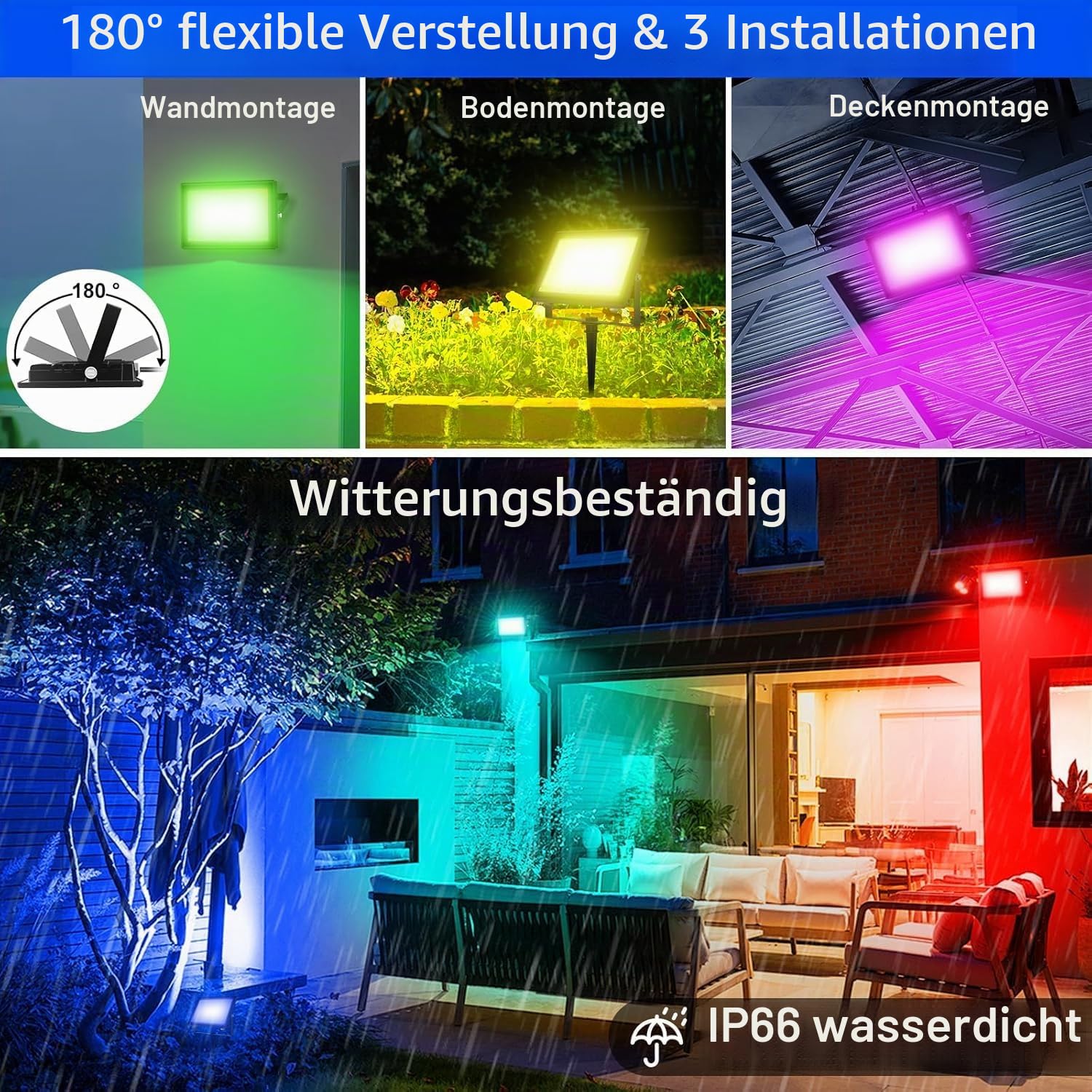T-SUNUS LED Strahler Außen RGB, 60W RGB Strahler Outdoor Farbig mit Fernbedienung Bluetooth APP, IP66 Wasserdicht für Garten Party Halloween Weihnachten 4 Stück
